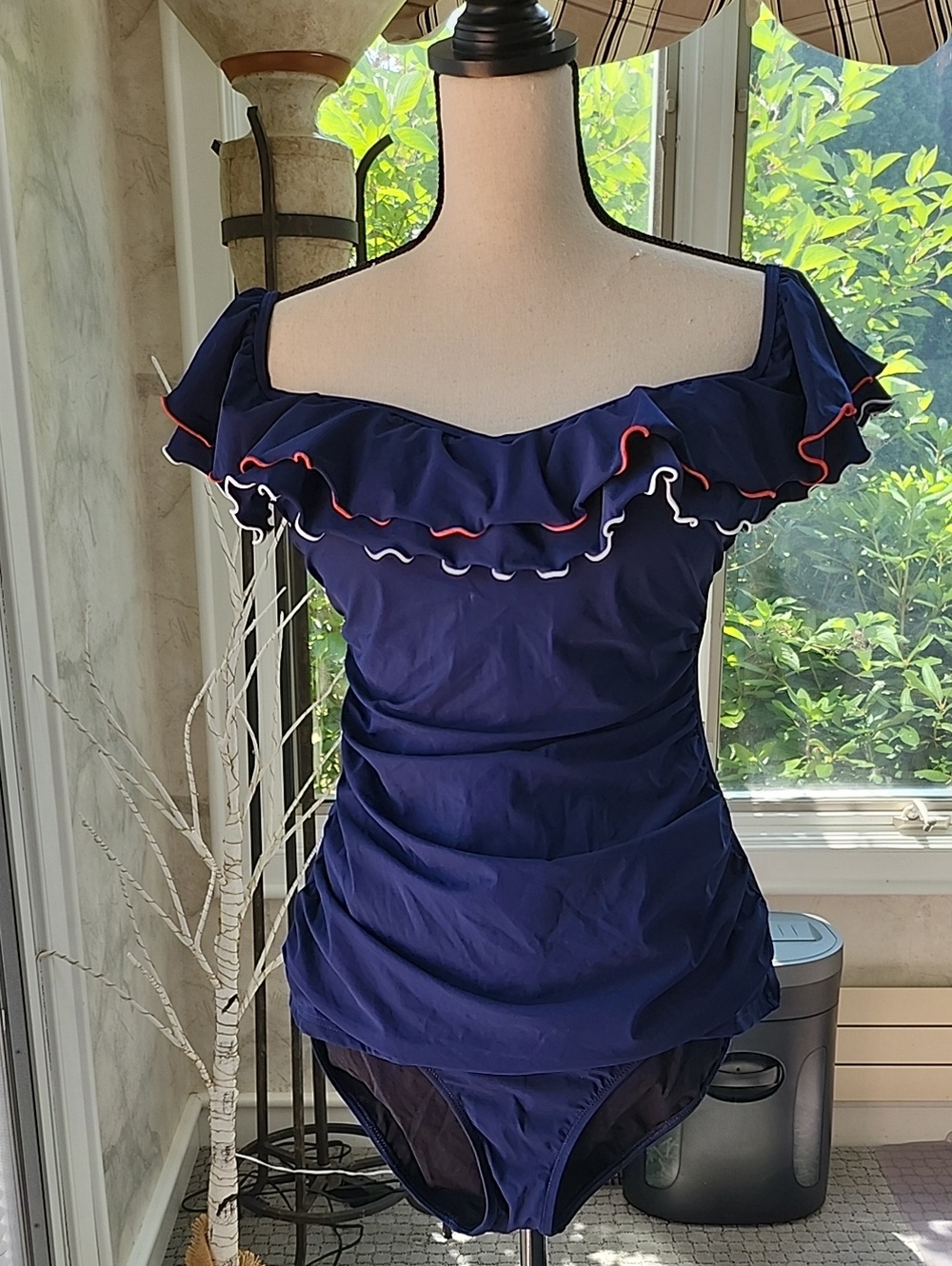 Navy Off-Shoulder Ruffled Two Piece Swimsuit with Contrasting Trim